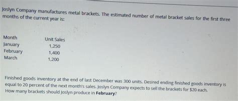 Solved Joslyn Company manufactures metal brackets. The 